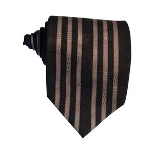 RYKIEL HOMME Silk Tie Black Tan Striped Gold Crest Medallion necktie designer
